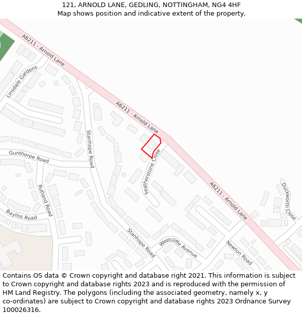 121, ARNOLD LANE, GEDLING, NOTTINGHAM, NG4 4HF: Location map and indicative extent of plot