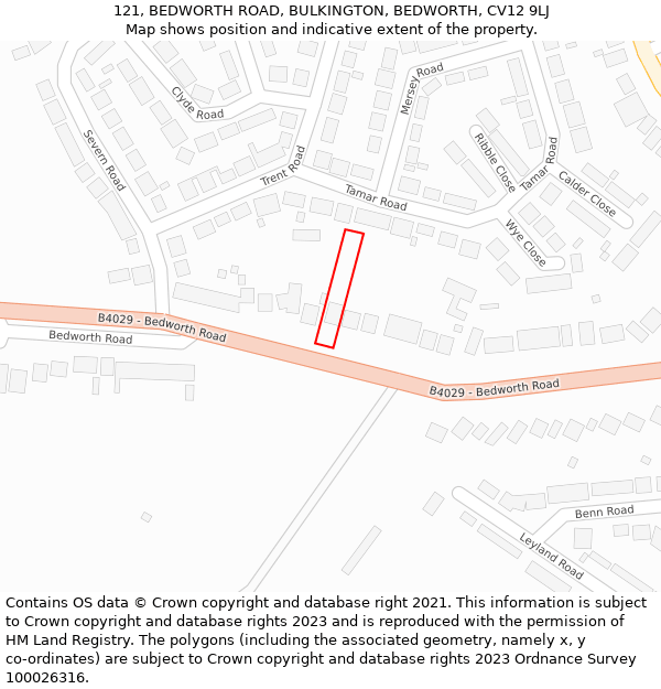 121, BEDWORTH ROAD, BULKINGTON, BEDWORTH, CV12 9LJ: Location map and indicative extent of plot