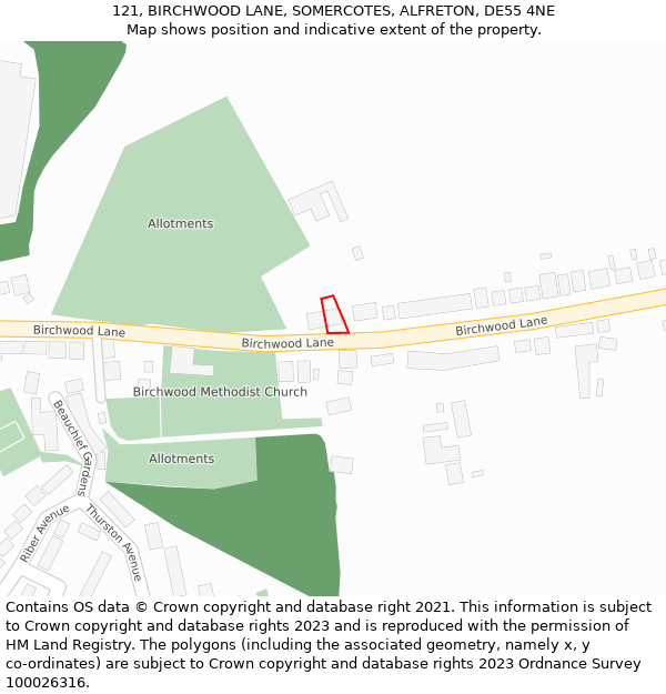 121, BIRCHWOOD LANE, SOMERCOTES, ALFRETON, DE55 4NE: Location map and indicative extent of plot
