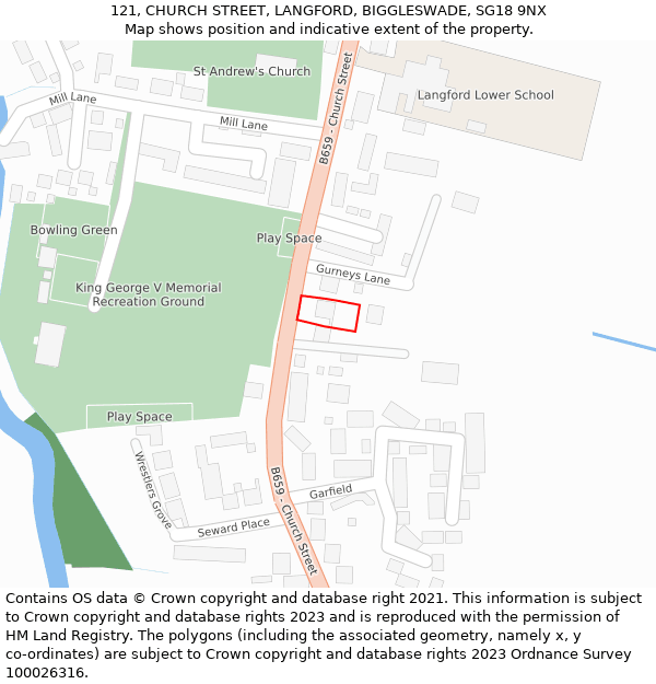 121, CHURCH STREET, LANGFORD, BIGGLESWADE, SG18 9NX: Location map and indicative extent of plot