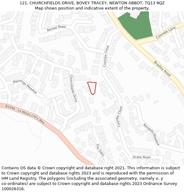 121, CHURCHFIELDS DRIVE, BOVEY TRACEY, NEWTON ABBOT, TQ13 9QZ: Location map and indicative extent of plot