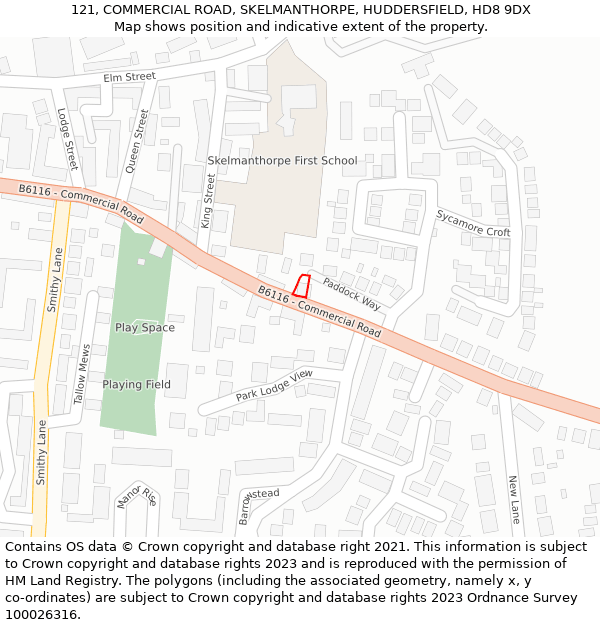 121, COMMERCIAL ROAD, SKELMANTHORPE, HUDDERSFIELD, HD8 9DX: Location map and indicative extent of plot