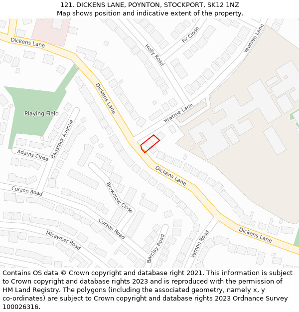 121, DICKENS LANE, POYNTON, STOCKPORT, SK12 1NZ: Location map and indicative extent of plot