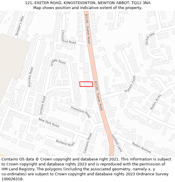 121, EXETER ROAD, KINGSTEIGNTON, NEWTON ABBOT, TQ12 3NA: Location map and indicative extent of plot