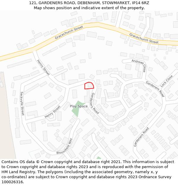 121, GARDENERS ROAD, DEBENHAM, STOWMARKET, IP14 6RZ: Location map and indicative extent of plot