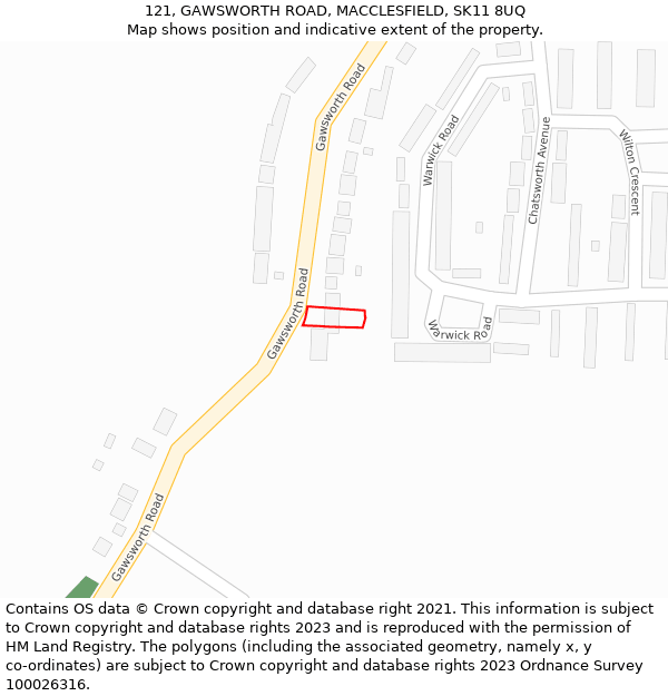 121, GAWSWORTH ROAD, MACCLESFIELD, SK11 8UQ: Location map and indicative extent of plot