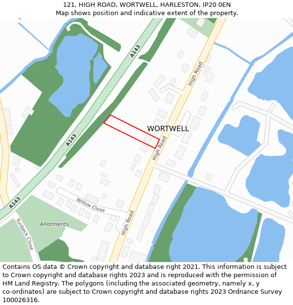 121, HIGH ROAD, WORTWELL, HARLESTON, IP20 0EN: Location map and indicative extent of plot