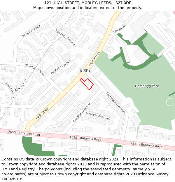 121, HIGH STREET, MORLEY, LEEDS, LS27 0DE: Location map and indicative extent of plot
