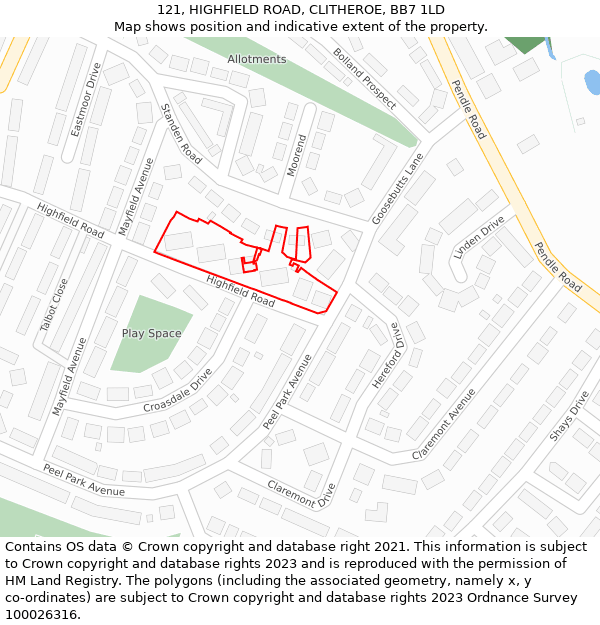 121, HIGHFIELD ROAD, CLITHEROE, BB7 1LD: Location map and indicative extent of plot