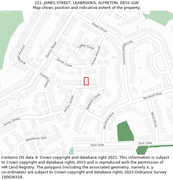 121, JAMES STREET, LEABROOKS, ALFRETON, DE55 1LW: Location map and indicative extent of plot