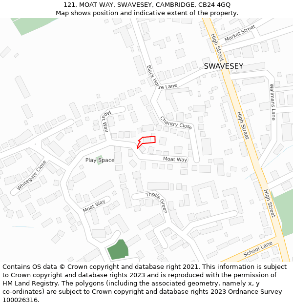 121, MOAT WAY, SWAVESEY, CAMBRIDGE, CB24 4GQ: Location map and indicative extent of plot
