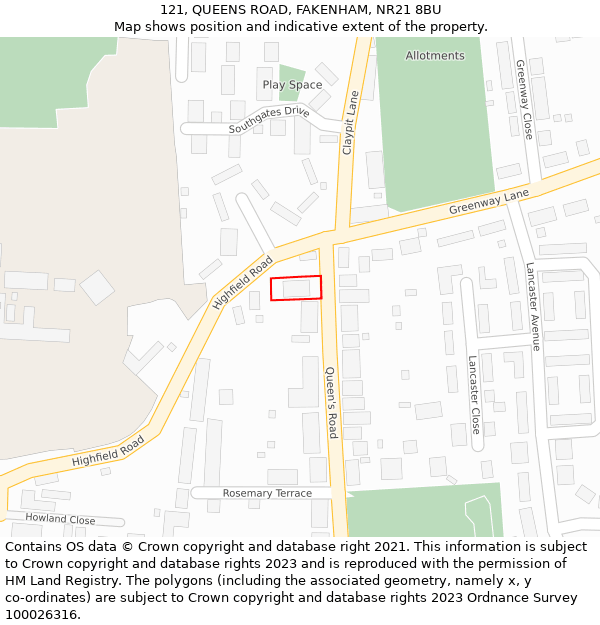 121, QUEENS ROAD, FAKENHAM, NR21 8BU: Location map and indicative extent of plot