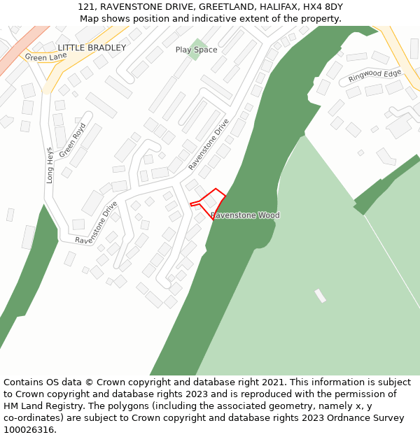 121, RAVENSTONE DRIVE, GREETLAND, HALIFAX, HX4 8DY: Location map and indicative extent of plot