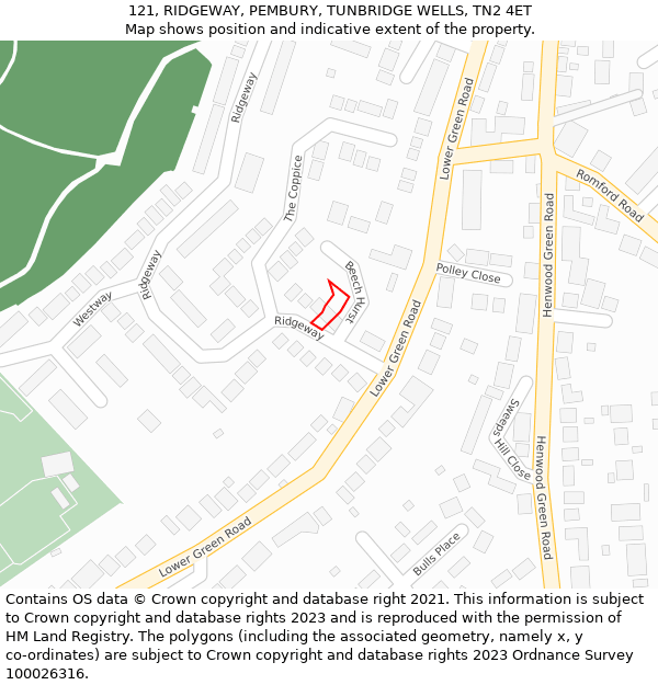 121, RIDGEWAY, PEMBURY, TUNBRIDGE WELLS, TN2 4ET: Location map and indicative extent of plot