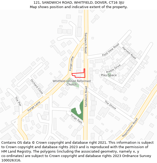 121, SANDWICH ROAD, WHITFIELD, DOVER, CT16 3JU: Location map and indicative extent of plot