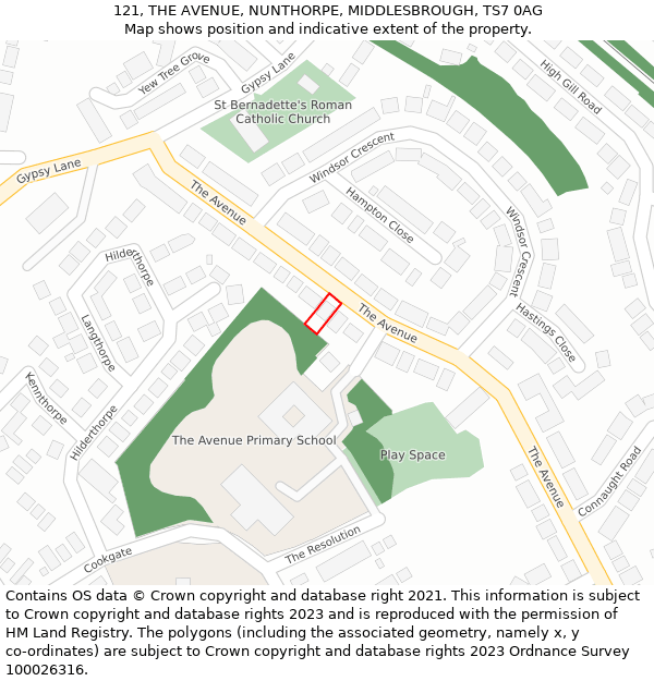 121, THE AVENUE, NUNTHORPE, MIDDLESBROUGH, TS7 0AG: Location map and indicative extent of plot