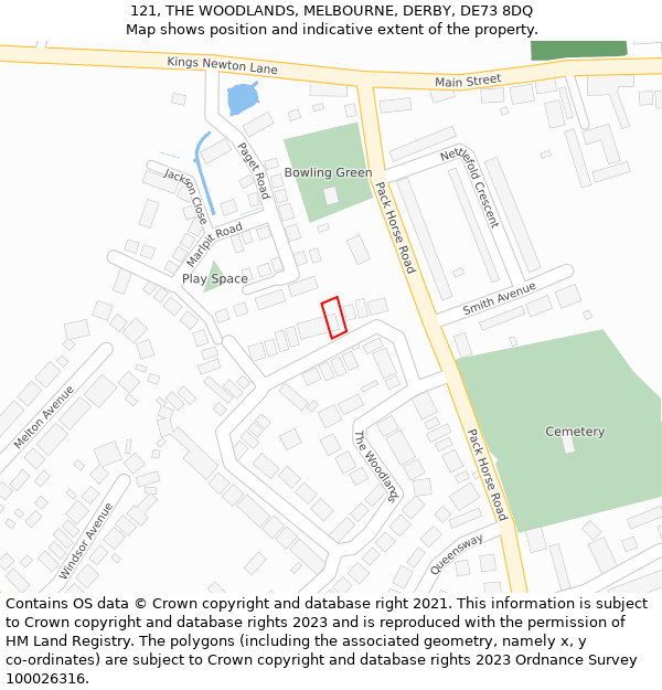 121, THE WOODLANDS, MELBOURNE, DERBY, DE73 8DQ: Location map and indicative extent of plot