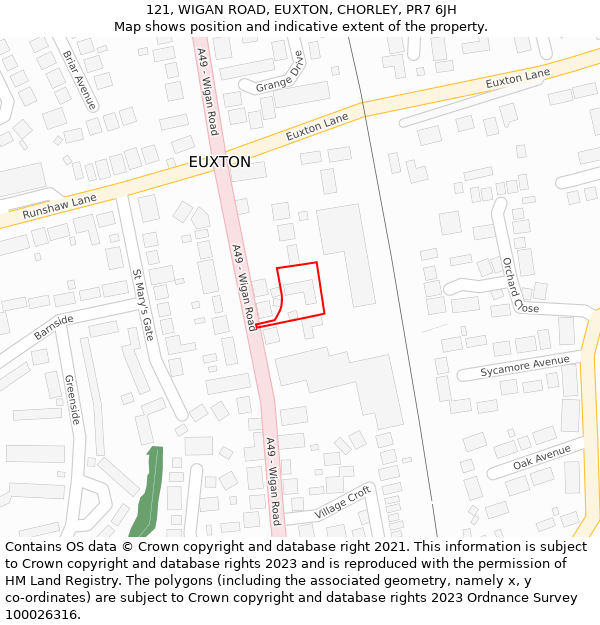 121, WIGAN ROAD, EUXTON, CHORLEY, PR7 6JH: Location map and indicative extent of plot
