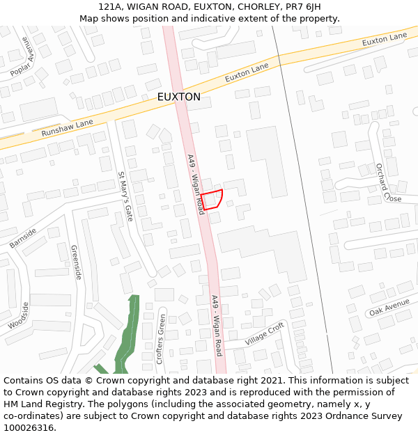 121A, WIGAN ROAD, EUXTON, CHORLEY, PR7 6JH: Location map and indicative extent of plot