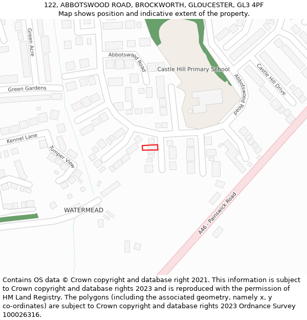 122, ABBOTSWOOD ROAD, BROCKWORTH, GLOUCESTER, GL3 4PF: Location map and indicative extent of plot