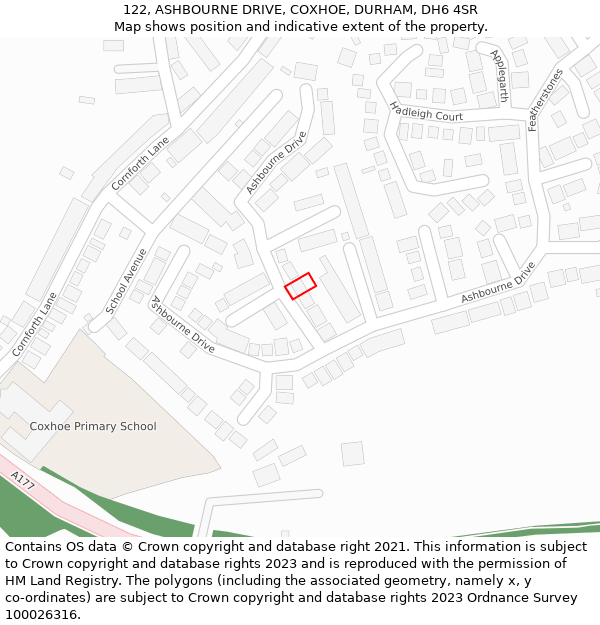 122, ASHBOURNE DRIVE, COXHOE, DURHAM, DH6 4SR: Location map and indicative extent of plot