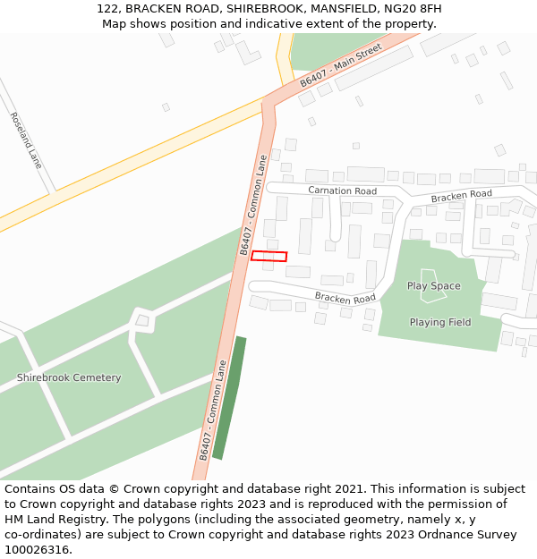 122, BRACKEN ROAD, SHIREBROOK, MANSFIELD, NG20 8FH: Location map and indicative extent of plot