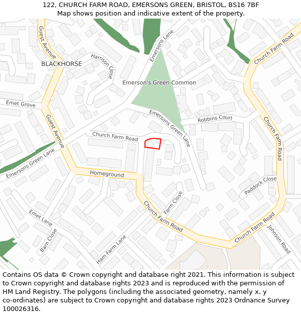 122, CHURCH FARM ROAD, EMERSONS GREEN, BRISTOL, BS16 7BF: Location map and indicative extent of plot