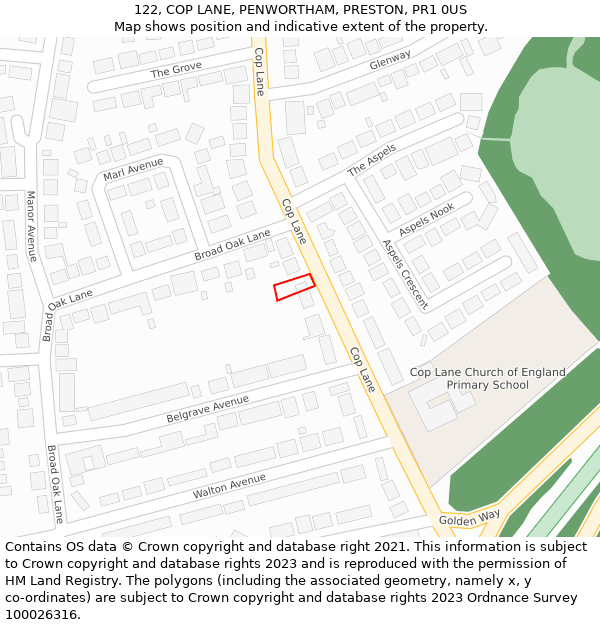 122, COP LANE, PENWORTHAM, PRESTON, PR1 0US: Location map and indicative extent of plot