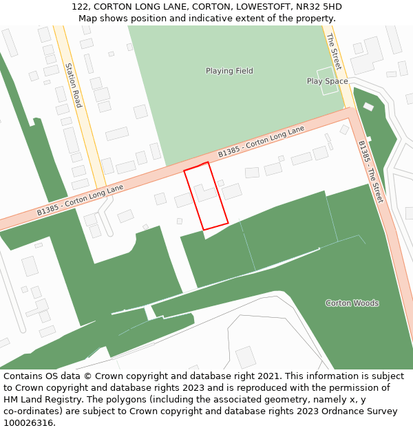 122, CORTON LONG LANE, CORTON, LOWESTOFT, NR32 5HD: Location map and indicative extent of plot