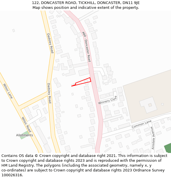 122, DONCASTER ROAD, TICKHILL, DONCASTER, DN11 9JE: Location map and indicative extent of plot