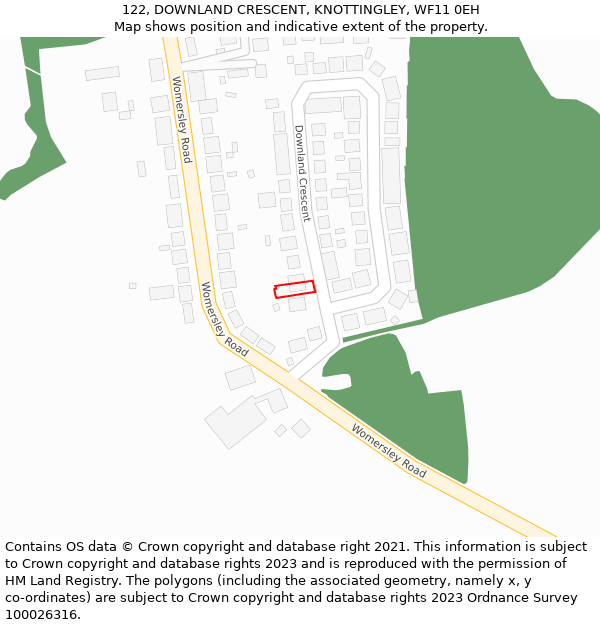 122, DOWNLAND CRESCENT, KNOTTINGLEY, WF11 0EH: Location map and indicative extent of plot