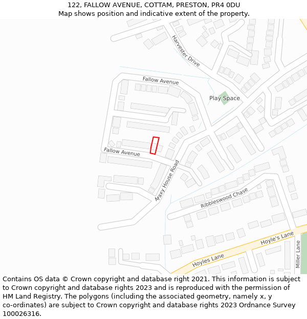 122, FALLOW AVENUE, COTTAM, PRESTON, PR4 0DU: Location map and indicative extent of plot