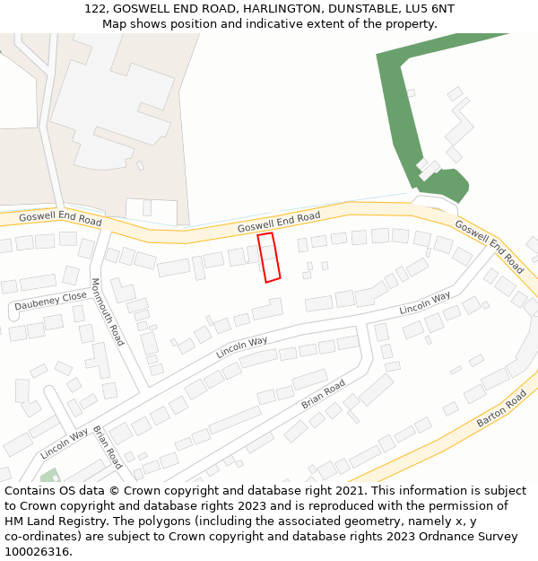 122, GOSWELL END ROAD, HARLINGTON, DUNSTABLE, LU5 6NT: Location map and indicative extent of plot