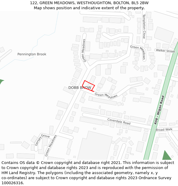 122, GREEN MEADOWS, WESTHOUGHTON, BOLTON, BL5 2BW: Location map and indicative extent of plot