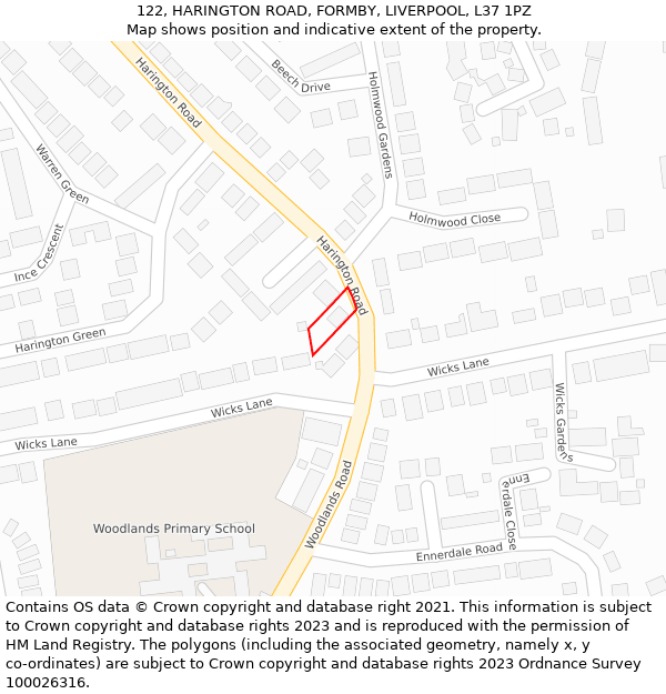 122, HARINGTON ROAD, FORMBY, LIVERPOOL, L37 1PZ: Location map and indicative extent of plot