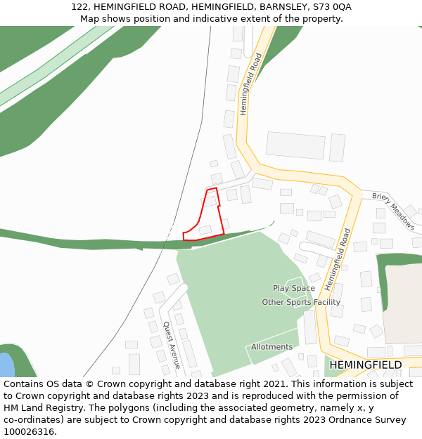 122, HEMINGFIELD ROAD, HEMINGFIELD, BARNSLEY, S73 0QA: Location map and indicative extent of plot
