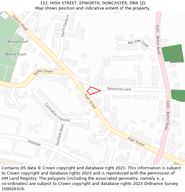 122, HIGH STREET, EPWORTH, DONCASTER, DN9 1JS: Location map and indicative extent of plot