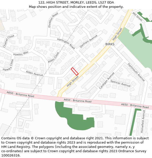 122, HIGH STREET, MORLEY, LEEDS, LS27 0DA: Location map and indicative extent of plot