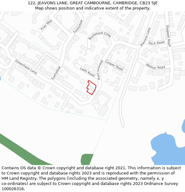 122, JEAVONS LANE, GREAT CAMBOURNE, CAMBRIDGE, CB23 5JE: Location map and indicative extent of plot