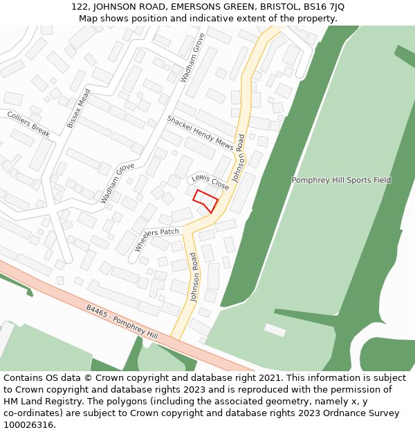 122, JOHNSON ROAD, EMERSONS GREEN, BRISTOL, BS16 7JQ: Location map and indicative extent of plot