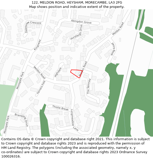 122, MELDON ROAD, HEYSHAM, MORECAMBE, LA3 2FG: Location map and indicative extent of plot