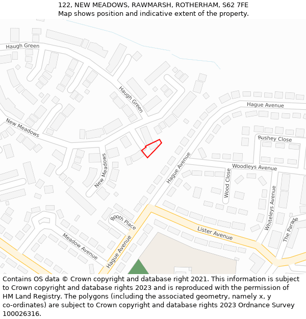 122, NEW MEADOWS, RAWMARSH, ROTHERHAM, S62 7FE: Location map and indicative extent of plot