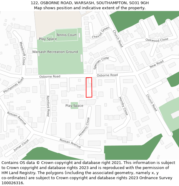 122, OSBORNE ROAD, WARSASH, SOUTHAMPTON, SO31 9GH: Location map and indicative extent of plot