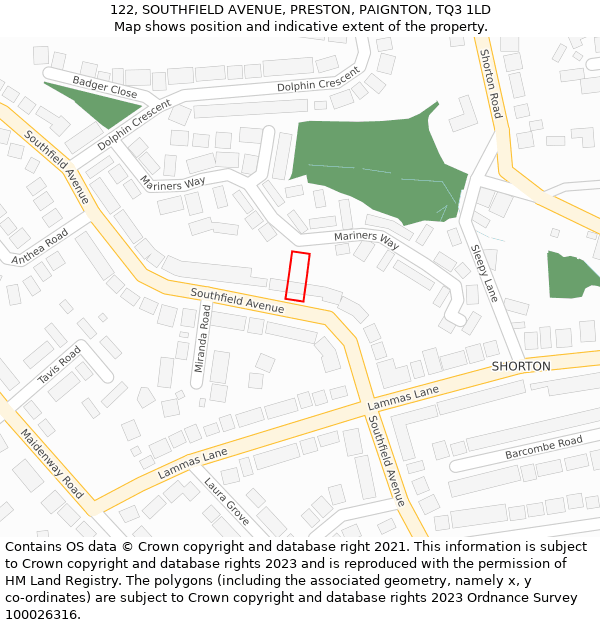 122, SOUTHFIELD AVENUE, PRESTON, PAIGNTON, TQ3 1LD: Location map and indicative extent of plot