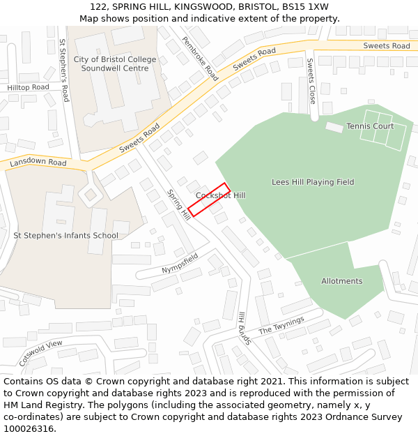 122, SPRING HILL, KINGSWOOD, BRISTOL, BS15 1XW: Location map and indicative extent of plot