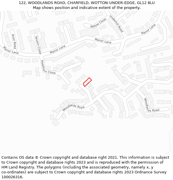 122, WOODLANDS ROAD, CHARFIELD, WOTTON-UNDER-EDGE, GL12 8LU: Location map and indicative extent of plot