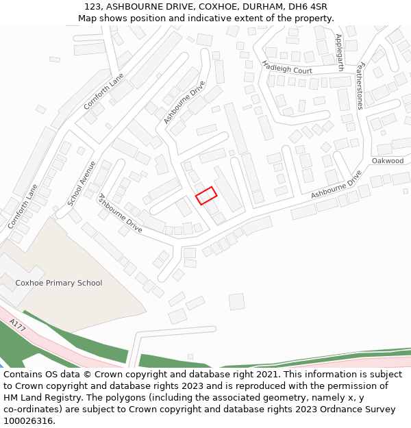 123, ASHBOURNE DRIVE, COXHOE, DURHAM, DH6 4SR: Location map and indicative extent of plot