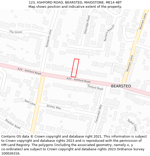 123, ASHFORD ROAD, BEARSTED, MAIDSTONE, ME14 4BT: Location map and indicative extent of plot