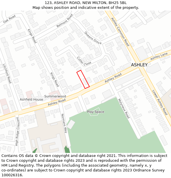 123, ASHLEY ROAD, NEW MILTON, BH25 5BL: Location map and indicative extent of plot