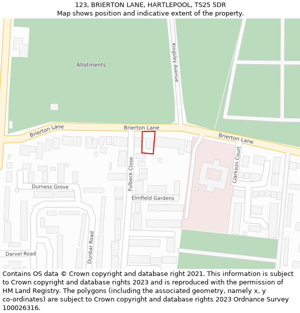 123, BRIERTON LANE, HARTLEPOOL, TS25 5DR: Location map and indicative extent of plot